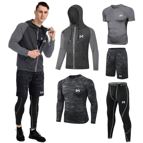 Meetyoo Herren Kompressionssets Hose Langarmshirt Sport Shorts Laufjacke