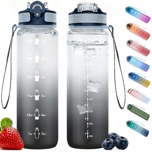 Navtue Trinkflasche 1l Sport Wasserflasche Mit Strohhalm Zeitmarkierungen